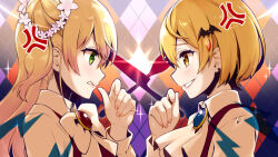  2girls anger_vein ascot bat_hair_ornament blonde_hair brooch commentary_request eretto green_eyes hair_ornament hololive jewelry lips looking_at_another momosuzu_nene multiple_girls okochama_sensou_(vocaloid) shirt sparkle teeth virtual_youtuber white_ascot white_shirt yellow_eyes yozora_mel 