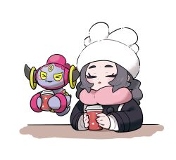  1girl ansha_(pokemon) black_coat black_hair closed_eyes coat colored_sclera cup disposable_coffee_cup disposable_cup floating hat highres himurohiromu hoopa long_hair long_sleeves looking_at_viewer pink_scarf pokemon pokemon_(creature) pokemon_legends:_z-a scarf simple_background upper_body white_background white_hat yellow_sclera 
