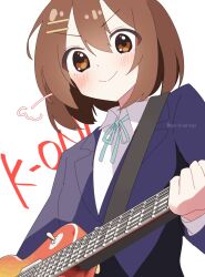  1girl blazer blue_jacket blue_ribbon blush brown_eyes brown_hair commentary_request copyright_name double-parted_bangs from_below guitar guitar_strap hair_between_eyes hair_ornament hairclip highres hirasawa_yui holding holding_guitar holding_instrument instrument jacket k-on! looking_at_viewer mani_(manidrawings) medium_hair neck_ribbon parallel_hairclips puff_of_air ribbon sakuragaoka_high_school_uniform school_uniform shirt sidelocks simple_background smile solo twitter_username upper_body white_background white_shirt 
