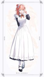  1girl apron arm_behind_back black_dress black_shoes blue_eyes bow character_name collared_dress commentary_request dress ear_piercing earrings enmaided fang full_body hair_bow hair_bun hair_ornament hairclip heart heart_hair_ornament highres igarashi_rika jewelry lace-trimmed_apron lace_trim long_dress long_hair long_sleeves looking_at_viewer maid maid_apron maid_headdress mary_janes multicolored_hair neck_ribbon nijisanji open_mouth orange_hair orange_ribbon parallel_hairclips piercing pink_nails playing_with_own_hair ribbon shoes single_side_bun skin_fang smile socks solo streaked_hair virtual_youtuber white_apron white_background white_bow white_socks white_streaks yuki_hare1130 