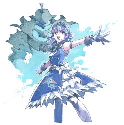  1girl 1other blue_dress blue_fire bow character_request copyright_request curly_hair dress fire frilled_dress frills gloves michibata_65 open_mouth outstretched_arm purple_hair purple_thighhighs standing thigh-highs tiara white_background white_bow white_gloves 