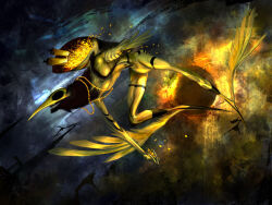  colored_skin commentary dynamic_pose english_commentary feathers flying gold mercury_(planet) no_humans plague_doctor_mask scroll smile space tapwing white_skin 