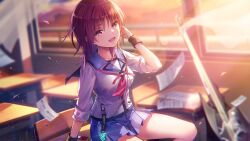  1girl :d angel_beats! arm_at_side black_wrist_cuffs blue_skirt blurry blurry_background breasts chair classroom cowboy_shot curtains desk earphones eyes_visible_through_hair guitar hair_between_eyes hand_up heaven_burns_red highres indoors instrument iwasawa_masami key_(company) large_breasts light_particles long_sleeves looking_at_viewer lower_teeth_only medium_hair miniskirt official_art on_desk open_mouth paper pleated_skirt red_eyes red_hair sailor_collar sailor_shirt school_chair school_desk school_uniform shinda_sekai_sensen_uniform shirt sidelighting single_earphone_removed sitting skirt sleeves_rolled_up smile solo sunset teeth thighs third-party_source white_shirt wind window wrist_cuffs wristband 