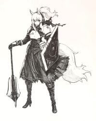  1girl absurdres animal_ear_fluff animal_ears arknights armor armored_dress boots breastplate check_medium closed_mouth commentary_request dress full_body gling gloves greyscale hair_between_eyes headset high_heel_boots high_heels highres holding holding_shield holding_weapon horse_ears horse_girl horse_tail korean_commentary long_hair looking_at_viewer mace medium_request monochrome nearl_(arknights) pauldrons ponytail scan scarf self-scan shield shoulder_armor sidelocks simple_background skirt solo standing tail torn_clothes traditional_media weapon white_background 