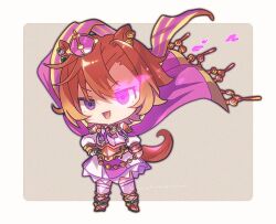  1girl animal_ears armor boots cape chibi chibi_only commentary_request crown eye_trail fingerless_gloves gloves glowing glowing_eye gold_boots gold_corset hair_between_eyes hands_on_own_hips horse_ears horse_girl horse_tail light_trail long_sleeves looking_at_viewer mini_crown nnmkmwakaranai orange_hair orange_tail pink_cape pink_crown shirt short_hair shoulder_armor single_fingerless_glove skirt smile solo t.m._opera_o_(o_sole_suo!)_(umamusume) t.m._opera_o_(umamusume) tail thigh-highs two-tone_skirt umamusume violet_eyes white_shirt white_thighhighs 