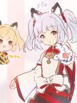  2girls animal_ears animal_hands bai_(granblue_fantasy) bangs bare_shoulders blonde_hair brown_eyes cidala_(granblue_fantasy) dress flat_chest gloves granblue_fantasy grin huang_(granblue_fantasy) kiikii_(kitsukedokoro) looking_at_viewer multiple_girls paw_gloves siblings silver_hair sisters smile solo_focus tail tiger_ears tiger_girl tiger_tail twins twintails 
