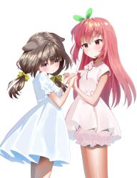  2girls absurdres animal_ears aoba_miki bloomers blue_eyes bow brown_hair commentary_request dress escape_into_the_light green_ribbon hair_between_eyes hair_bow hair_ornament hair_ribbon hairclip highres holding_hands interlocked_fingers k_mugura katahira_tsumugi long_hair low_twintails multiple_girls one_side_up pink_bloomers pink_dress pink_hair pleated_dress puffy_short_sleeves puffy_sleeves red_eyes ribbon short_sleeves simple_background standing star_(symbol) star_hair_ornament twintails very_long_hair white_background white_dress yellow_bow 