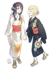  2girls absurdres black_hair black_kimono blonde_hair bracelet cho_kaguya-hime! closed_eyes commentary dated drycatfoodmeow floral_print flower green_eyes hair_flower hair_ornament highres interlocked_fingers japanese_clothes jewelry kaguya_(cho_kaguya-hime!) kimono multiple_girls obi open_mouth red_sash sakayori_iroha sash short_hair_with_long_locks simple_background white_background white_kimono 
