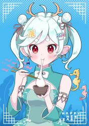  1girl ahoge akane_(akane112234) bare_shoulders blue_background blue_hair blush bowl chopsticks closed_mouth commentary detached_sleeves dress ear_piercing eating fish food green_dress green_sleeves hair_ornament hair_ribbon halftone halftone_background highres holding holding_bowl holding_chopsticks mochi mochi_trail number_hair_ornament original piercing pink_ribbon pointy_ears red_eyes ribbon seahorse short_hair sleeveless sleeveless_dress solo thick_eyebrows twintails upper_body 