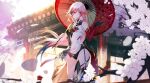  1girl absurdres architecture asymmetrical_gloves bangs brown_legwear cherry_blossoms china_dress chinese_clothes dress east_asian_architecture fu_hua fu_hua_(phoenix) gloves highres holding holding_umbrella honkai_(series) honkai_impact_3rd looking_at_viewer mismatched_gloves nonaginta_novem outdoors ponytail red_eyes red_gloves single_glove single_thighhigh sleeveless sleeveless_dress thigh-highs tree umbrella white_hair 