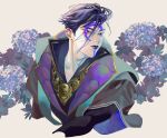  1boy aphelios coat commentary_request facial_mark flower hair_over_one_eye hydrangea jacket league_of_legends long_hair male_focus niwatori08rib tattoo 