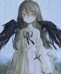  1girl arms_at_sides bare_shoulders bird black_eyes black_hair black_ribbon brush_stroke chunkyeggy closed_mouth cowboy_shot crow detached_sleeves dress expressionless hair_between_eyes highres long_hair long_sleeves looking_at_viewer mole mole_under_eye original ribbon sleeves_past_fingers sleeves_past_wrists solo standing straight-on white_dress 