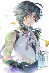  1boy absurdres aqua_hair arm_tattoo bead_necklace beads colored_inner_hair commentary_request dated detached_sleeves diamond-shaped_pupils diamond_(shape) expressionless eyeliner facial_mark falling_leaves forehead_mark genshin_impact ginkgo_leaf gloves gold_trim green_gloves green_hair highres jewelry leaf looking_at_viewer makeup male_focus multicolored_hair necklace parted_bangs parted_lips purple_sash red_eyeliner sash shirt short_hair shoulder_spikes sidelocks simple_background single_detached_sleeve sleeveless sleeveless_shirt solo spikes streaked_hair symbol-shaped_pupils tassel tattoo upper_body watermark white_background white_shirt wide_sleeves xiao_(genshin_impact) yellow_eyes zaso 