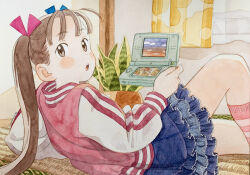 1girl absurdres blue_skirt blush brown_eyes brown_hair commentary_request frilled_skirt frills handheld_game_console highres kneehighs long_hair long_sleeves looking_back nintendo_ds open_mouth original painting_(medium) pleated_skirt shinomiya_nanase skirt socks solo traditional_media twintails watercolor_(medium) 