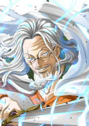  1boy cape commentary_request facial_hair glasses highres holding holding_sword holding_weapon long_hair male_focus musasabiop mustache_stubble old old_man one_piece orange_shirt parted_lips round_eyewear scar scar_across_eye scar_on_face shirt silvers_rayleigh solo stubble sword weapon white_cape white_hair 