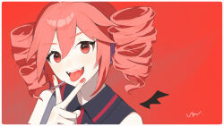  1girl black_shirt collared_shirt colored_eyebrows commentary drill_hair fang headset highres kasane_teto looking_at_viewer nail_polish no_nose open_mouth pale_skin red_background red_eyes red_hair shi_rushi shirt sidelocks signature sleeveless sleeveless_shirt solo teeth tongue tongue_out twin_drills two-tone_shirt upper_body upper_teeth_only utau v 