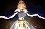  1girl ahoge artoria_pendragon_(all) artoria_pendragon_(fate) blonde_hair blue_ribbon breasts cleavage_cutout clothing_cutout excalibur_(fate/stay_night) fate/grand_order fate/stay_night fate_(series) green_eyes hair_bun hair_ribbon holding holding_weapon juliet_sleeves long_sleeves medium_breasts puffy_sleeves rea_(gao27138868) ribbon saber solo sword weapon 