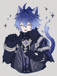  1boy :d ^_^ animal_ear_fluff animal_ears antenna_hair artist_name black_capelet black_coat black_gloves blue_hair blush capelet cat_boy cat_ears cat_tail closed_eyes coat collared_capelet commentary_request cropped_torso crossed_bangs fang fiery_tail fire flins_(genshin_impact) gem genshin_impact gloves gradient_hair grey_background hair_between_eyes hair_intakes hands_up happy highres long_hair long_sleeves male_focus multicolored_hair open_mouth paw_pose purple_gem purple_shirt shirt simple_background skin_fang sleeve_cuffs smile solo sparkle susukeya tail twitter_username upper_body 