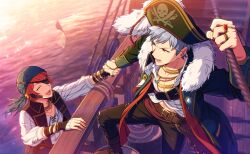  2boys asch_albright belt billy_wise brown_belt eyepatch grey_hair hat helios_rising_heroes highres jewelry long_sleeves male_focus multiple_boys necklace official_art open_clothes open_mouth orange_eyes orange_hair pants pirate_costume pirate_hat ring ship shirt smile teeth watercraft white_shirt 
