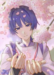  1boy armor artist_name bright_pupils cherry_blossoms choppy_bangs closed_mouth eyeliner falling_petals fingernails genshin_impact hands_up highres japanese_armor japanese_clothes kariginu kimono kote kurokote layered_sleeves long_sleeves makeup male_focus nonoji_(nonoji_ekaki) open_hands outdoors petals pink_petals portrait purple_hair purple_kimono purple_sleeves red_eyeliner scaramouche_(genshin_impact) scaramouche_(kabukimono)_(genshin_impact) solo split_mouth string tasuki tsurime violet_eyes white_pupils white_sleeves 
