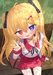  1girl :d absurdres bag black_ribbon blonde_hair blue_eyes blush brown_bag brown_choker choker commentary_request commission fang hair_ornament heart heart_choker heart_hair_ornament heterochromia highres long_hair long_sleeves looking_at_viewer miniskirt neck_ribbon on_bench open_mouth original paid_reward_available pleated_skirt red_eyes red_skirt ribbon shirt shoulder_bag sitting skeb_commission skin_fang skirt sleeves_past_wrists smile solo thigh-highs two_side_up v waon_(43ctw) white_shirt white_thighhighs 