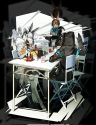  1other 2girls amiya_(arknights) animal_ear_fluff animal_ears arknights armband black_background black_gloves black_jacket blue_eyes bottle brown_hair chair closed_eyes commentary_request doctor_(arknights) food frostnova_(arknights) full_body gloves grey_hair hair_over_one_eye hand_up highres holding holding_tray hood hood_up hooded_jacket instant_cup_noodles instant_noodles jacket jar kettle long_hair long_sleeves looking_at_another multiple_girls orange_armband rabbit_ears rabbit_girl sitting smile standing table tray xxxxxxx_kai 