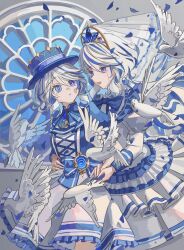  2girls ahoge aroma ascot bird black_ascot blue_ascot blue_bow blue_bowtie blue_eyes blue_gem blue_hair blue_hat blue_petals blue_pupils blue_trim bow bowtie brooch chinese_commentary collar commentary_request cowboy_shot crown dove dress drop-shaped_pupils falling_petals focalors_(genshin_impact) frilled_collar frilled_skirt frills furina_(genshin_impact) gem genshin_impact hair_between_eyes hand_grab hand_on_own_hip hat heterochromia highres holding_hands jewelry long_hair long_sleeves looking_at_another multicolored_hair multiple_girls open_mouth petals puffy_short_sleeves puffy_sleeves see-through_clothes see-through_veil short_sleeves side-by-side skirt streaked_hair symbol-shaped_pupils teardrop-shaped_gem tearing_up tears veil vision_(genshin_impact) white_dress white_hair white_skirt white_sleeves white_veil 