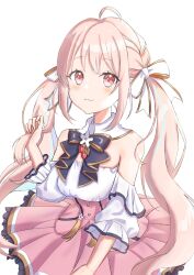  1girl ahoge black_bow black_bowtie blush bow bowtie commentary flower_ornament frilled_sleeves frills gold_trim hair_bow hand_in_own_hair highres indie_virtual_youtuber junky_(nono_kanata) kano_mahoro long_hair looking_at_viewer off_shoulder pink_hair pink_skirt pleated_skirt puffy_sleeves red_eyes simple_background skirt smile solo strawberry_ornament twintails untranslatable_commentary upper_body white_background white_bow 