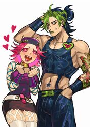  1boy 1girl bare_shoulders black_hair cao_hong_anh drooling fishnet_legwear fishnets genderswap genderswap_(ftm) genderswap_(mtf) green_eyes green_hair green_lips highres jojo_no_kimyou_na_bouken kujo_jolyne midriff multicolored_hair muscular muscular_male narciso_anasui pink_eyes pink_hair short_hair star-shaped_pupils star_(symbol) stone_ocean sweatdrop symbol-shaped_pupils tattoo thigh-highs two-tone_hair 