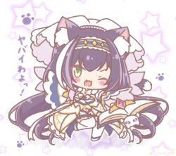  1girl ;d blue_hairband blush_stickers book chibi colored_shadow commentary_request dress fang full_body green_eyes hair_between_eyes hairband highres holding holding_book karyl_(princess)_(princess_connect!) karyl_(princess_connect!) long_hair long_sleeves mitarashi_neko multicolored_hair one_eye_closed open_book princess_connect! purple_hair shadow shoes smile solo standing standing_on_one_leg star_(symbol) streaked_hair thigh-highs very_long_hair white_background white_dress white_shoes white_thighhighs wide_sleeves 