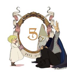  1girl 1other absurdres black_boots black_cloak black_pants blue_cloak blush boots brown_boots child cloak coco_(tongari_boushi_no_atelier) commentary countdown covered_eyes covered_face covered_mouth dress english_commentary full_body green_hair hat highres iguin_(tongari_boushi_no_atelier) knee_up long_sleeves looking_at_another mask pants shirt short_hair simple_background sitting smile standing tongari_boushi_no_atelier vandoesart white_background white_dress 