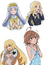  4girls ;d absurdres black_jacket blazer blonde_hair blue_dress blue_eyes blush_stickers breasts brown_eyes brown_hair brown_sweater_vest ci31205 collared_shirt commentary_request controller cropped_torso dress elbow_gloves frenda_seivelun gloves grey_hair highres holding holding_controller holding_remote_control index_(toaru_majutsu_no_index) index_finger_raised jacket large_breasts last_order_(toaru_majutsu_no_index) long_hair multiple_girls neck_ribbon notice_lines nun nun_headdress one_eye_closed own_hands_clasped own_hands_together polka_dot polka_dot_dress red_ribbon remote_control ribbon safety_pin school_emblem school_uniform shirt shokuhou_misaki short_hair short_sleeves sleeveless sleeveless_dress smile star-shaped_pupils star_(symbol) summer_uniform sweater_vest symbol-shaped_pupils toaru_kagaku_no_railgun toaru_majutsu_no_index tokiwadai_school_uniform v-neck w white_background white_gloves white_polka_dots white_shirt 