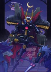  armor black_armor cape cerberumon commentary crescent_moon crossed_legs digimon digimon_(creature) dragonwilbert english_commentary glowing glowing_eyes grey_hair hand_on_own_face highres moon night plutomon red_cape red_eyes sangloupmon short_hair sitting solo_focus tsukaimon 