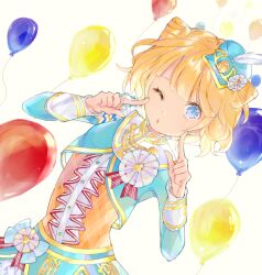  1girl balloon blonde_hair blue_eyes blue_halo blue_jacket blue_skirt blunt_bangs commentary_request cone_hair_bun cowboy_shot double_bun fingers_to_cheeks guu_(oyasumi_gu) hair_bun halo hands_up hat hat_feather highres idol_clothes index_fingers_raised jacket long_sleeves looking_at_viewer minami_mirei mini_hat one_eye_closed orange_shirt pretty_series pripara shirt short_hair simple_background skirt solo standing white_background 