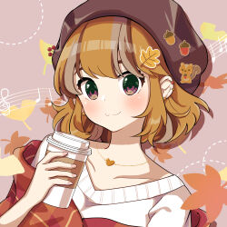  1girl :3 akane_(akane112234) blush brown_background brown_hat brown_streaks closed_mouth collarbone commentary_request cup disposable_coffee_cup disposable_cup drop_shadow ear_piercing hat heart heart_necklace highres holding holding_cup jewelry looking_at_viewer multicolored_hair musical_note musical_staff necklace orange_hair original piercing portrait red_eyes short_hair smile solo streaked_hair sweater white_sweater 