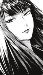  1girl absurdres close-up commentary crosshatching english_commentary eyelashes greyscale half-closed_eyes hatching_(texture) highres light_smile linear_hatching lips long_hair looking_at_viewer monochrome mostlybluewyatt original parted_lips signature solo straight_hair 