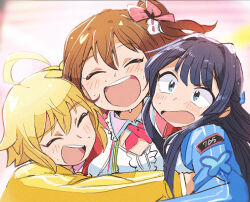  3girls :d ^_^ ahoge black_hair blonde_hair blue_eyes blush brown_hair closed_eyes commentary_request half_updo hug ibuki_tsubasa idolmaster idolmaster_million_live! kasuga_mirai long_hair long_sleeves mogami_shizuka multiple_girls one_side_up open_mouth round_teeth short_hair smile strawberry_pop_moon_(idolmaster) sweatdrop teeth tsubobot upper_body 