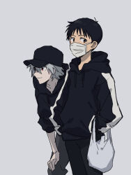  11kkr 2boys bag baseball_cap black_hair black_hoodie black_pants brown_eyes commentary_request drawstring grey_background grey_hair grey_pants hat hood hood_down hoodie ikari_shinji looking_ahead looking_at_viewer male_focus mask mouth_mask multiple_boys nagisa_kaworu neon_genesis_evangelion pants plastic_bag red_eyes short_hair 