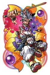 1boy animal_ears ankle_boots boots facial_mark fangs fire floating floating_object forehead_mark fox_boy fox_ears fox_ornament fox_tail glowing_tail gold_trim grey_hair harakawa_mitsuhiro holding holding_sword holding_weapon homura_kai japanese_clothes jewelry kimono kitsune kyuubi magic_circle mark_under_eye multiple_tails muscular muscular_male necklace official_art open_mouth orb purple_fire sanpaku shinrabanshou solo sword tail third-party_source transparent_background weapon white_kimono wristband yellow_eyes 