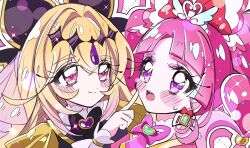  2girls :o black_capelet blonde_hair blush blush_stickers brooch capelet cheek_poking closed_mouth commentary cure_arcana_shadow cure_mystique diamond_hairband earrings frilled_capelet frilled_cuffs frills hair_intakes hand_on_another's_cheek hand_on_another's_face heart heart_brooch highres jewelry kobayashi_mikuru long_hair looking_at_another magical_girl meitantei_precure! mizunonononono moria_luluka multiple_girls pink_eyes pink_hair poking precure purple_veil rotated smile twintails veil very_long_hair violet_eyes 