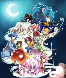  1boy 6+girls animal_ears bat_wings black_eyes black_gloves black_hair black_hat black_wings blonde_hair blue_dress blue_eyes blue_hair blue_jacket blush_stickers book brown_eyes brown_hair brown_jacket capelet cat_boy cat_ears cat_girl cat_tail commentary_request crescent_moon dress emil_chronicle_online ghost_girl ghost_tail gloves green_dress green_hair green_jacket hand_fan harisen hat highres holding holding_paper holding_sword holding_weapon jacket moon multiple_girls nekomata_ai nekomata_akane nekomata_anzu nekomata_kuro nekomata_kurumi nekomata_midori nekomata_momo nekomata_shiro nekomata_sora nekomata_sumire nekomata_wakana nekomata_yamabuki nekoshima_yui one_eye_closed orange_hair paper pink_dress pink_eyes pink_hair pink_skirt ponytail purple_dress purple_hair red_dress red_eyes siblings skirt sword tail twintails two_side_up violet_eyes weapon white_dress white_hair wings yellow_capelet yellow_eyes yellow_skirt 