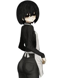  adjusting_apron apron ass black_eyes black_hair black_pants blush breasts casual cowboy_shot denim empty_eyes from_behind from_side hair_over_eyes high-waist_pants highres jeans long_sleeves looking_at_viewer looking_back looking_to_the_side monogatari_(series) no_gloves oshino_ougi pale_skin pants parted_lips ribbed_sweater shin1kake simple_background sleeves_past_wrists small_breasts standing sweater turtleneck turtleneck_sweater white_apron white_background 