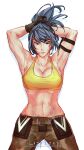  1girl abs armlet armpits arms_up bangs blue_eyes blue_hair breasts gloves highres large_breasts lazy_soap muscular muscular_female navel pocket simple_background solo tank_top the_king_of_fighters the_king_of_fighters_xiv the_king_of_fighters_xv v white_background yellow_tank_top 