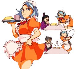  1boy 2girls 3amsoda ace_attorney angry apron ascot back_bow black_eyes black_hair black_shirt blazer blue_hair bow bowing breasts closed_eyes commentary cup dress enmaided food food_on_face franziska_von_karma frilled_dress frills hair_tie hand_on_own_face hand_on_own_hip highres holding holding_whip jacket japanese_clothes kimono maid maid_apron maid_headdress maya_fey miles_edgeworth mole mole_under_eye mug multiple_girls omelet orange_dress purple_kimono red_ascot red_jacket serving shirt signature smile smug standing striped_clothes table topknot tray unconventional_maid vertical-striped_clothes whip white_ascot white_background 