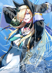  1girl animal_ears arms_up blonde_hair blue_archive blue_background blue_eyes blue_halo broken_glass commentary_request cosplay dog_ears glass green_ribbon hair_ornament halo highres holding holding_weapon kanna_(blue_archive) long_hair looking_at_viewer mari_(blue_archive) mari_(blue_archive)_(cosplay) meetnox nun_headdress one_eye_covered open_mouth ribbon sharp_teeth sidelocks solo teeth trinity_general_school_logo weapon 
