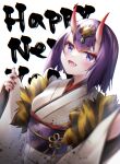  1girl amanoizu bangs blush bob_cut breasts eyeliner fate/grand_order fate_(series) headpiece horns japanese_clothes kimono looking_at_viewer makeup oni oni_horns purple_hair short_hair shuten_douji_(fate) skin-covered_horns small_breasts solo violet_eyes 