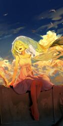  1girl absurdres bare_legs barefoot bird blue_nails blush closed_eyes clouds cloudy_sky collarbone dress dress_ribbon fingernails floating_hair full_body green_hair hand_grab hatsune_miku highres long_hair mochi_upamo nail_polish orange_clouds outdoors seagull see-through_clothes see-through_veil sitting sky sleeveless sleeveless_dress smile solo strap_slip sunset teeth turning_head twintails upper_teeth_only veil very_long_hair vocaloid white_dress wind 
