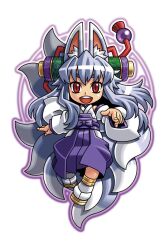  1girl animal_ear_fluff animal_ears chibi chibi_only detached_sleeves fox_ears fox_girl fox_tail grey_hair hair_ornament harakawa_mitsuhiro izuna_(shinrabanshou) japanese_clothes kimono kimono_skirt kitsune kyuubi long_hair looking_at_viewer multiple_tails obi official_art open_mouth purple_skirt red_eyes sash shinrabanshou shoes skirt solo tail teeth thick_eyebrows third-party_source transparent_background upper_teeth_only white_kimono white_shoes 