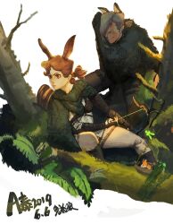  1boy 1girl 2019 a_tai animal_ears bird bow_(weapon) brown_hair colored_eyelashes commentary_request freckles grey_hair holding holding_bow_(weapon) holding_weapon original rabbit_ears rabbit_girl scar scar_across_eye scar_on_face weapon wolf_boy wolf_ears 