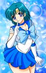  1girl back_bow bishoujo_senshi_sailor_moon blue_bow blue_eyes blue_hair blue_neckwear blue_sailor_collar blue_skirt bow brooch brown_background choker circlet cowboy_shot elbow_gloves gloves jewelry legs_apart looking_at_viewer magical_girl mizuno_ami nagaigoz open_mouth pleated_skirt sailor_collar sailor_mercury sailor_senshi_uniform short_hair skirt smile solo standing white_gloves 